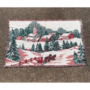 Vintage Winter Scene Holiday Fringe Woven Tapestry Throw Blanket